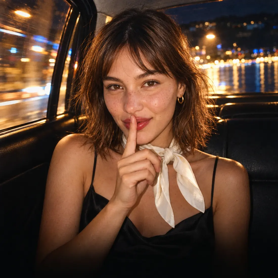 Selma in the back of a taxi, finger to her lips